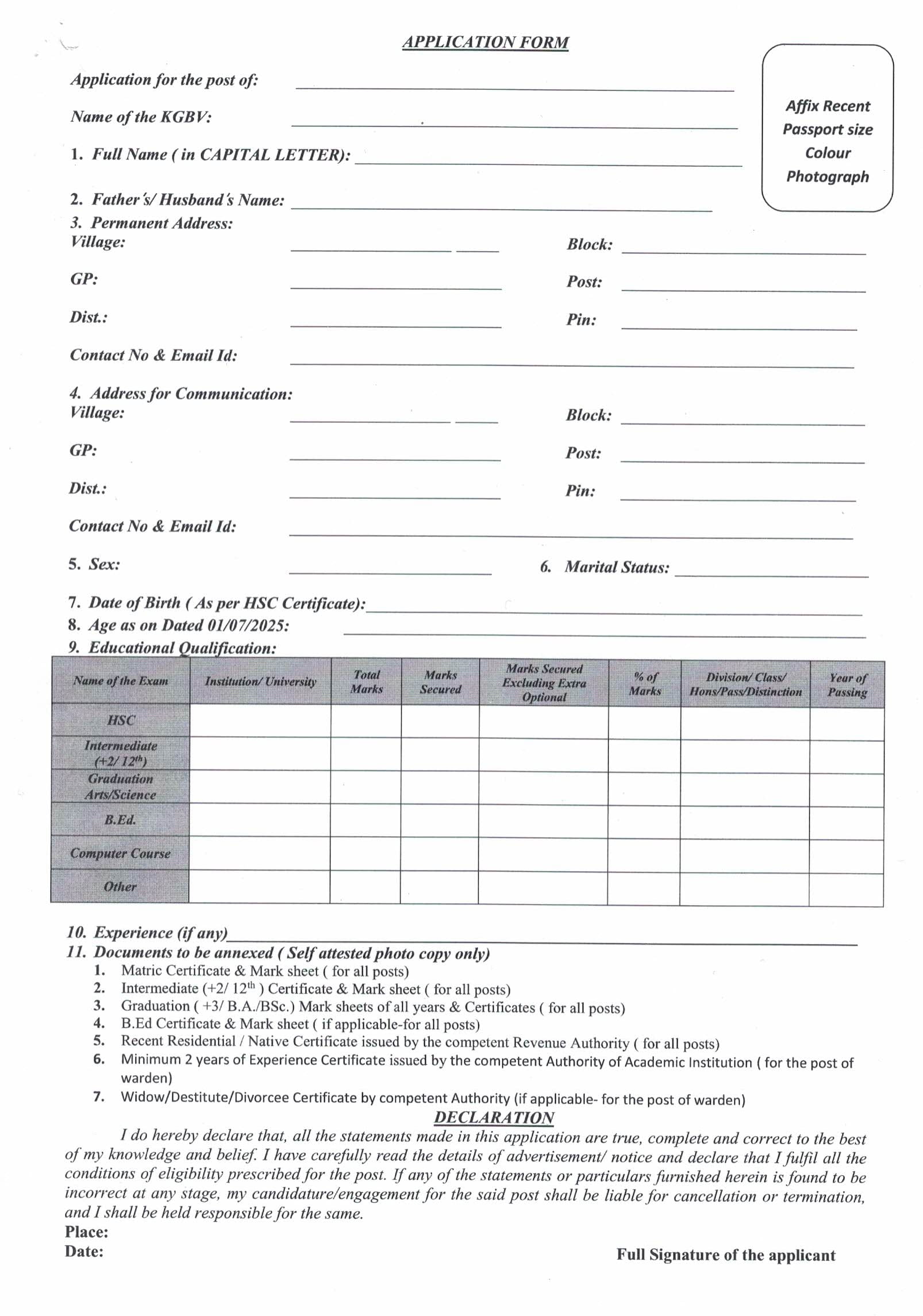 Sambalpur KGBV Warden and Part Time Teacher Application Form