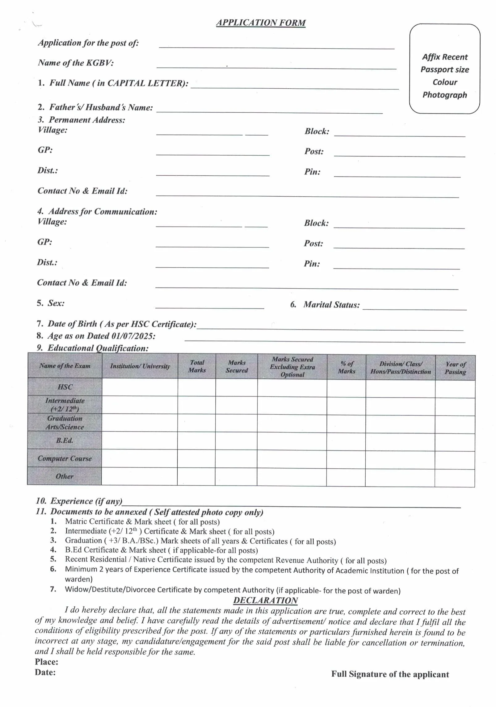 Sambalpur KGBV Warden and Part Time Teacher Application Form