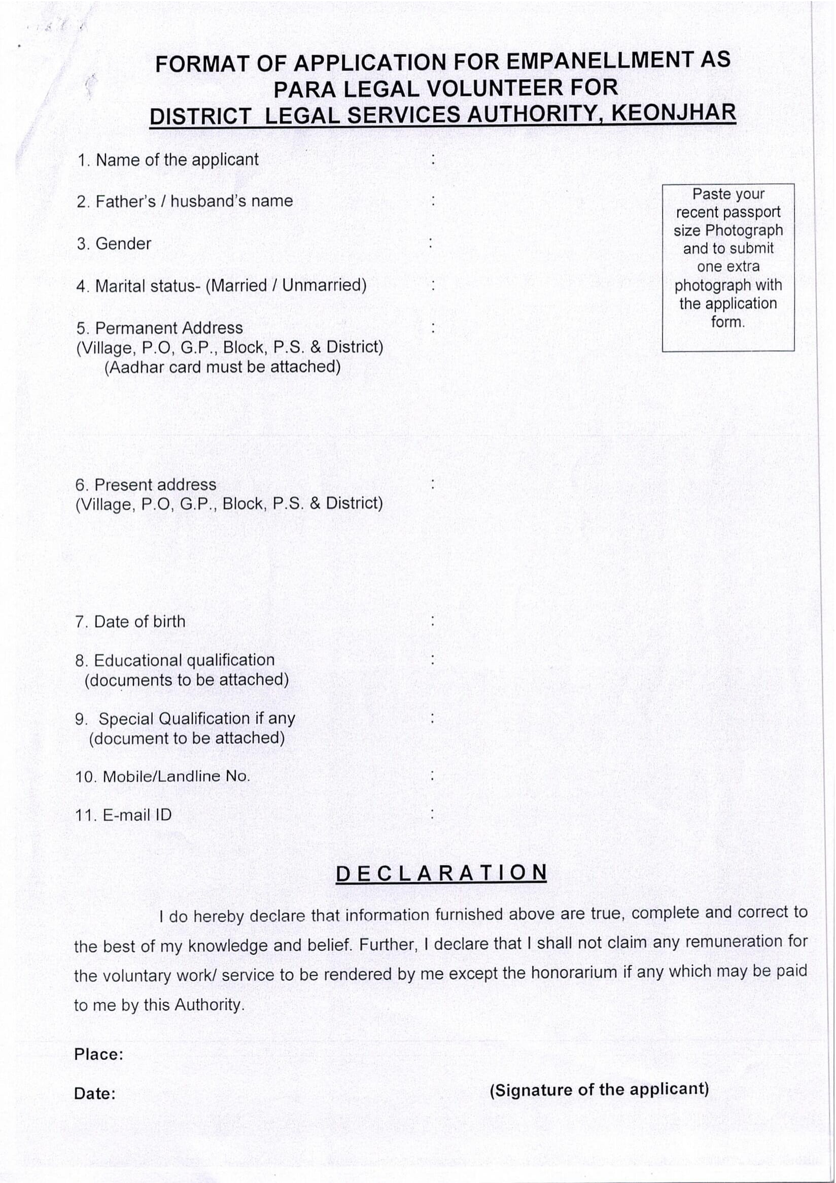 Para Legal Volunteer Recruitment Keonjhar Application Form 