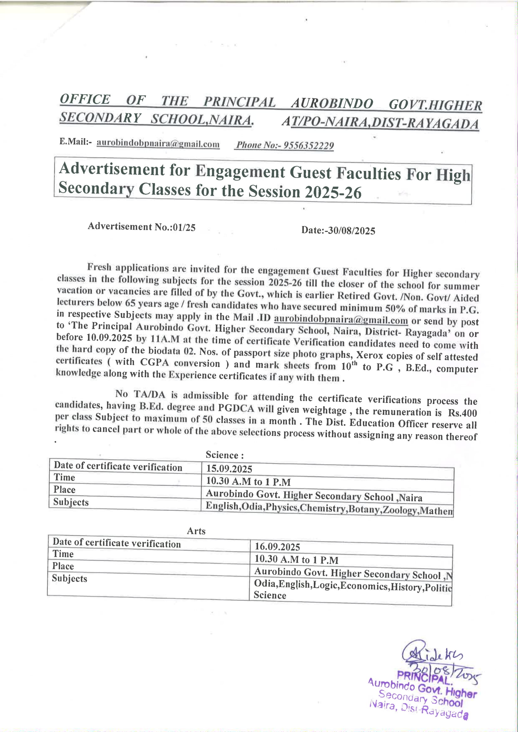 Aurobindo Govt HS School Naira Guest Faculty Job Application Form