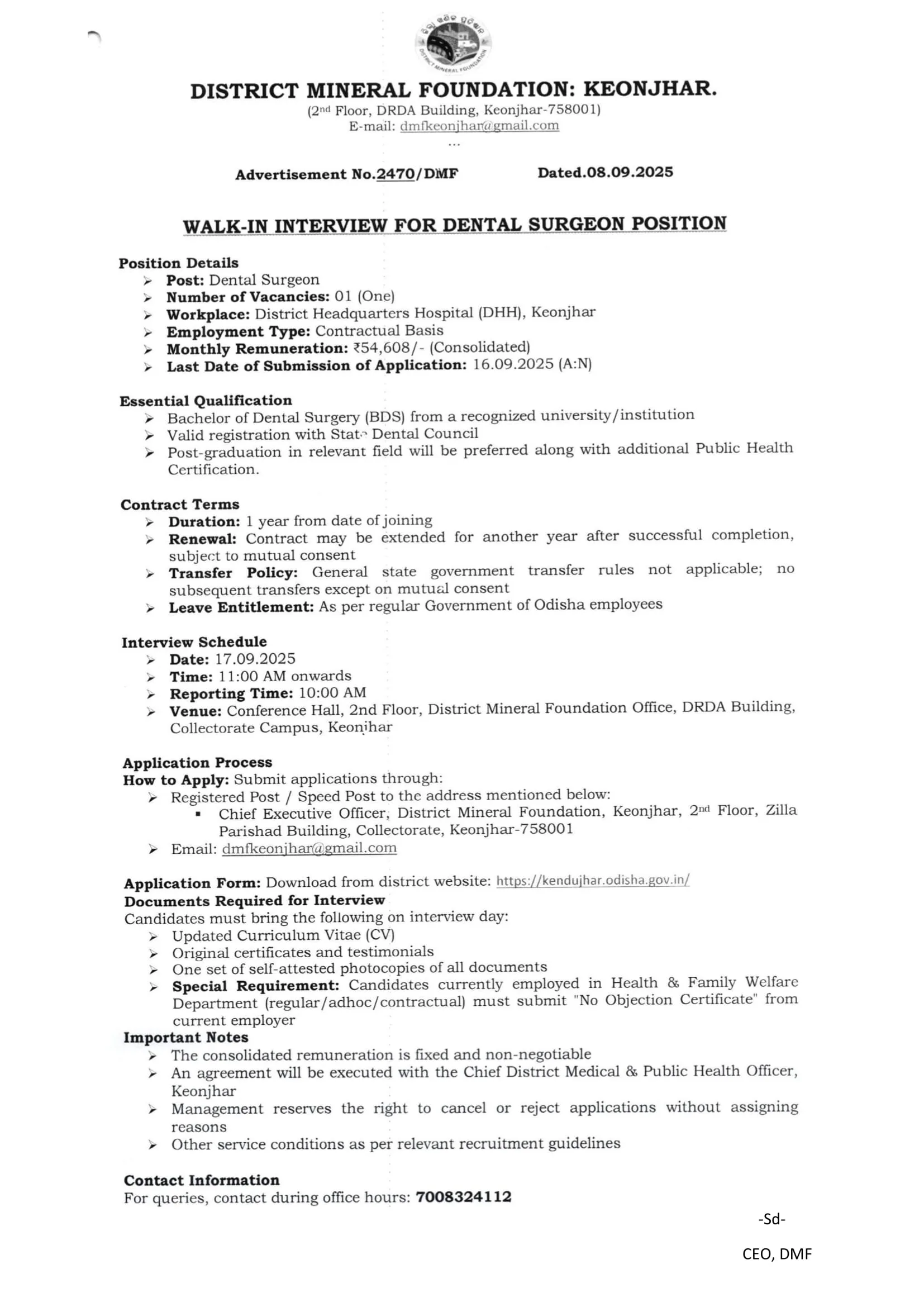 District Mineral Foundation (DMF), Keonjhar, Odisha