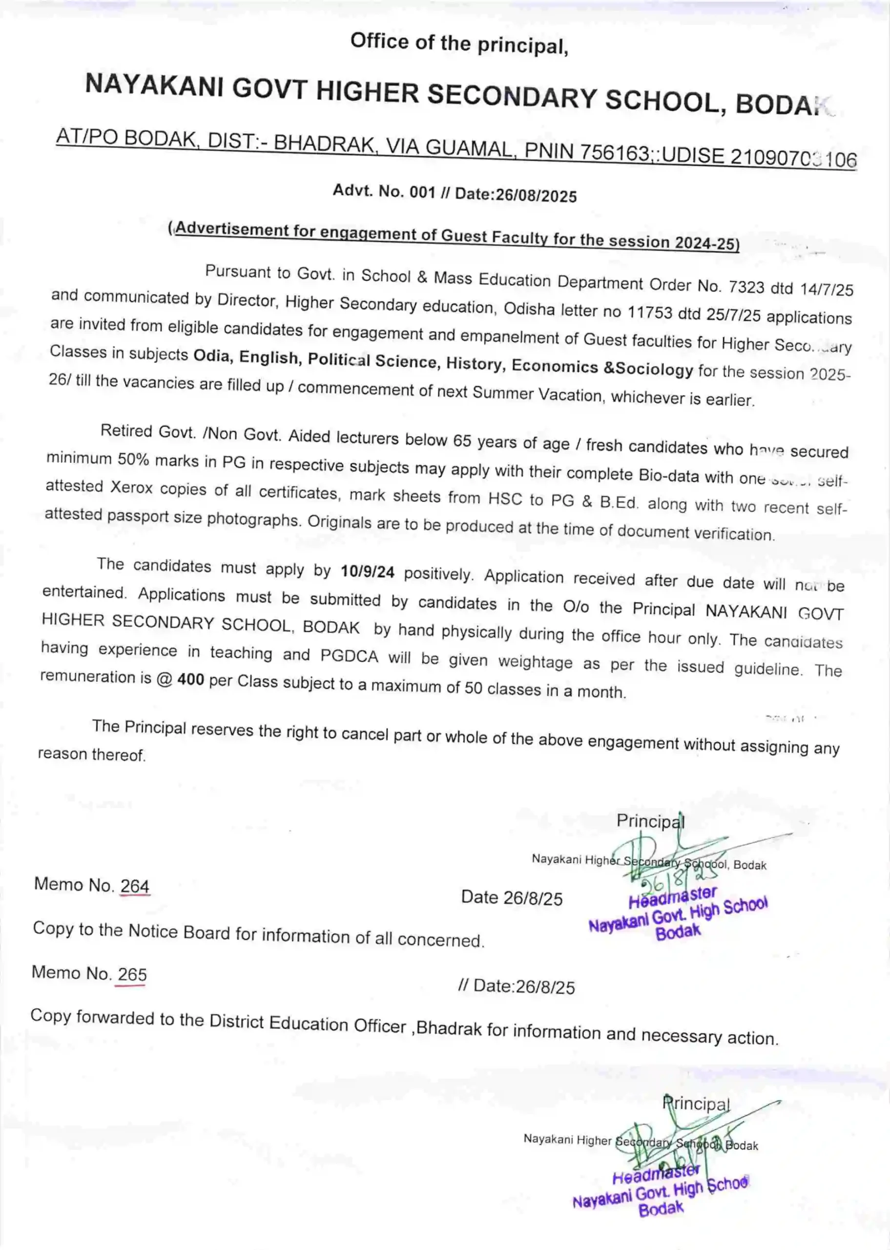 Nayakani Govt HS School Guest Faculty Job 2025 Application Form