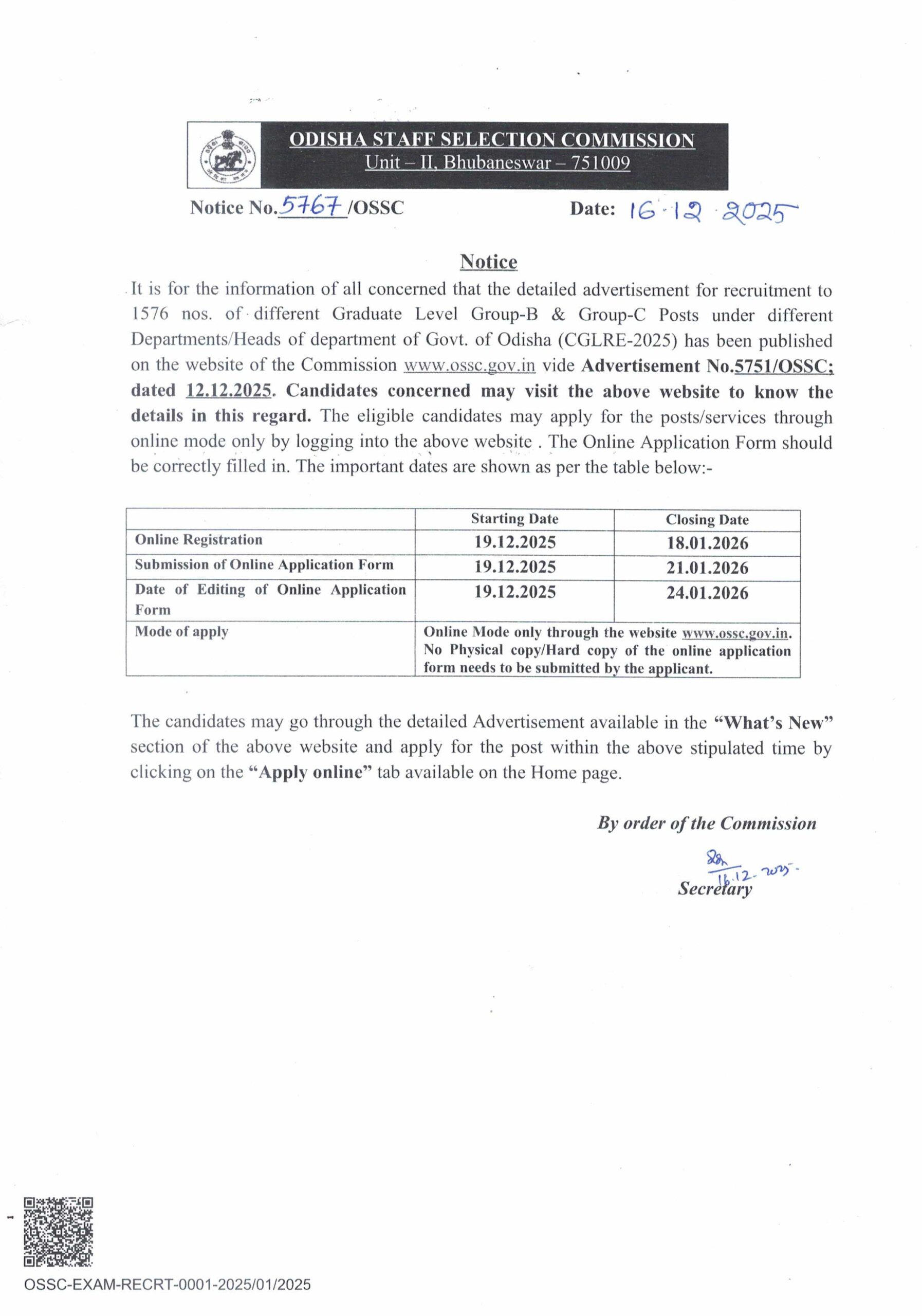 OSSC CGLRE Recruitment 2025