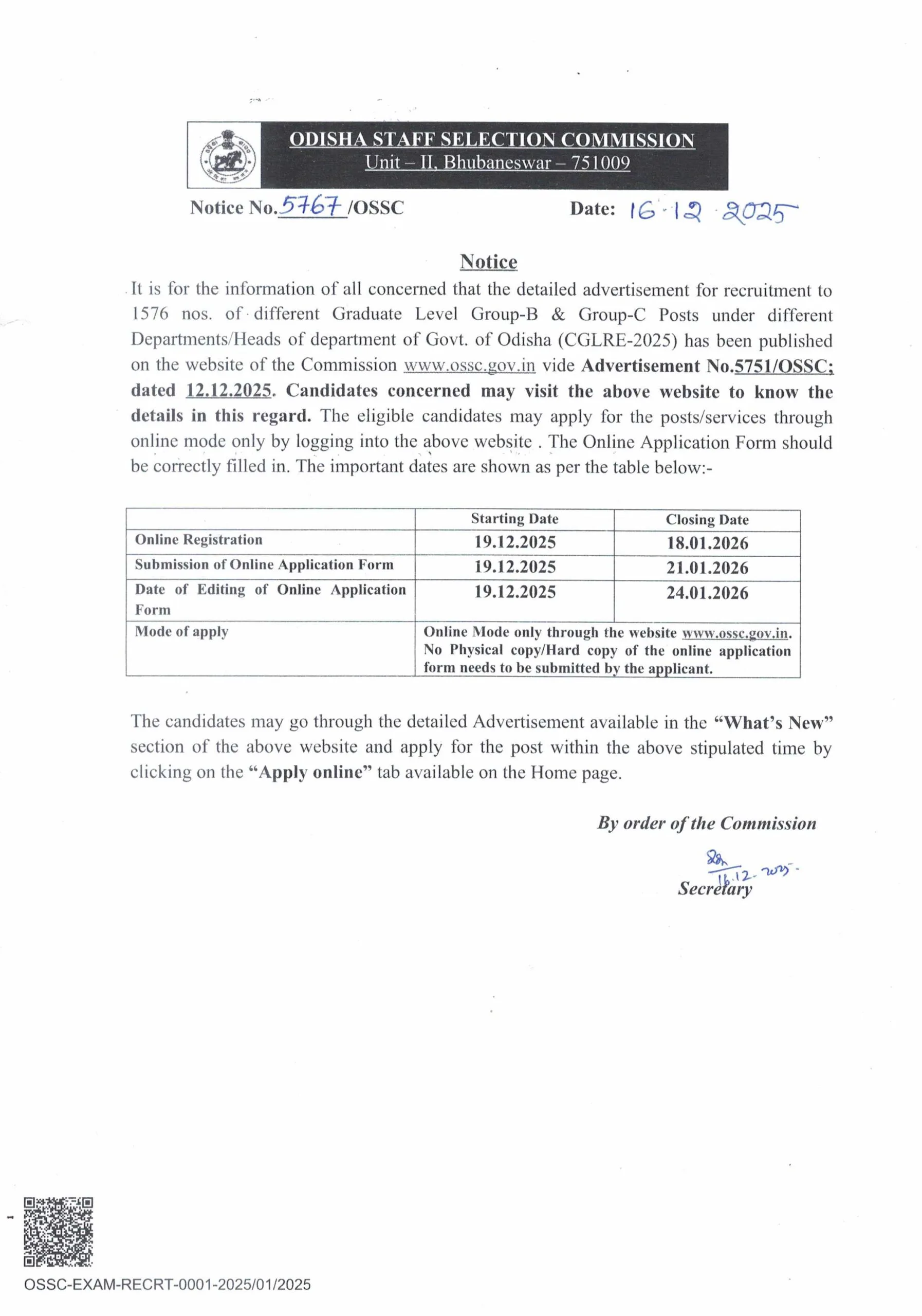 OSSC CGLRE Recruitment 2025